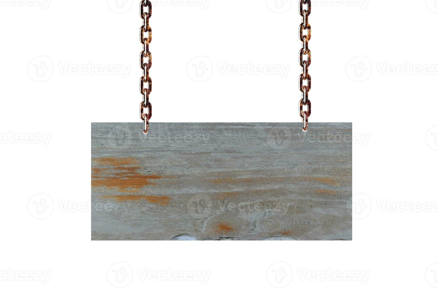 Empty wooden signs hanging on chain isolated on white background. photo