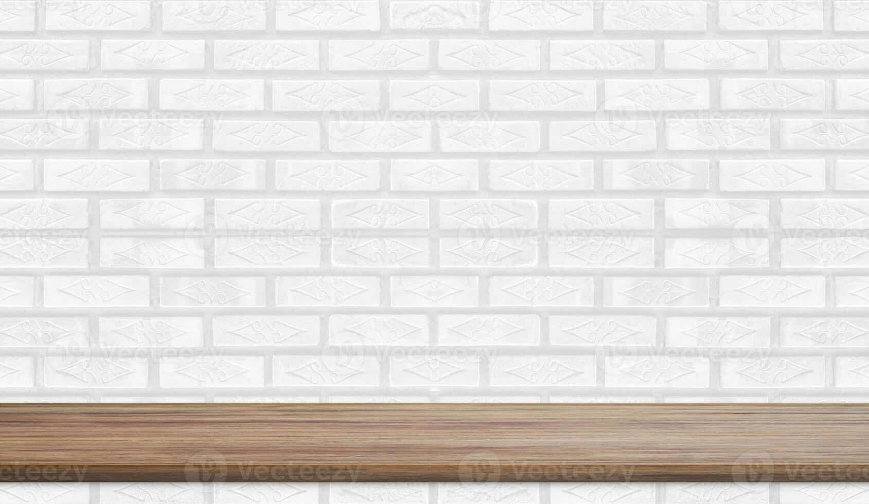 Empty wood plank shelf at white brick wall pattern background. Design for product display, mockup, advertise, banner, or montage photo