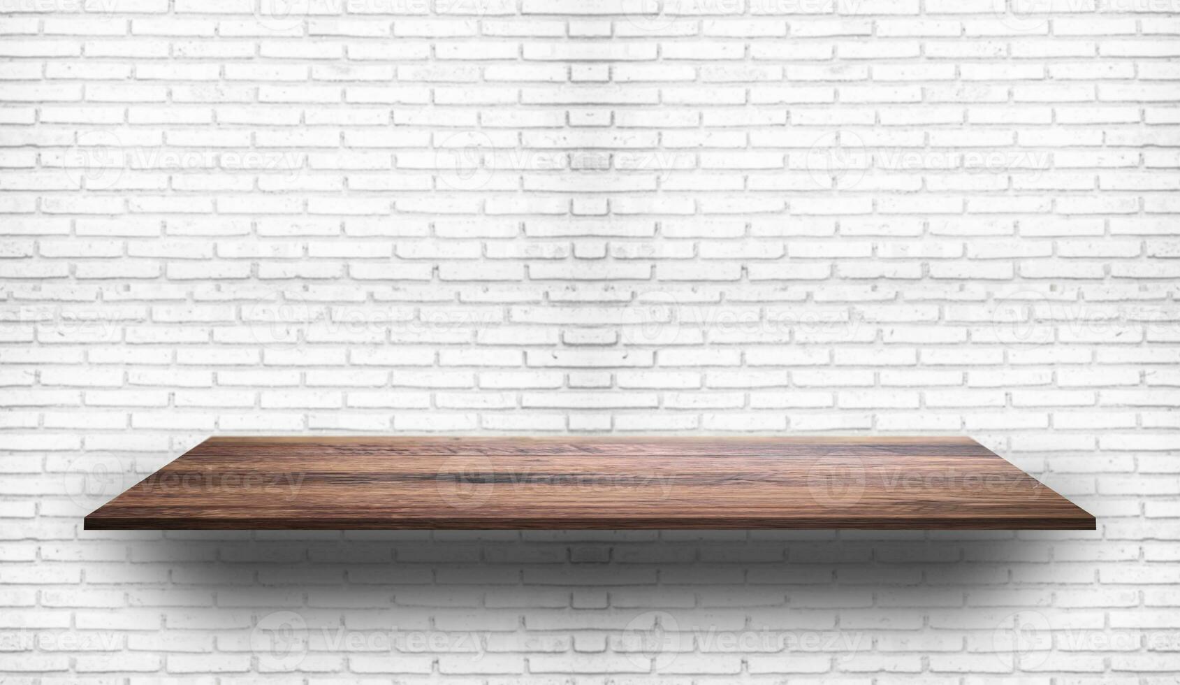 Empty wood plank shelf at white brick wall pattern background. Design for product display, mockup, advertise, banner, or montage photo