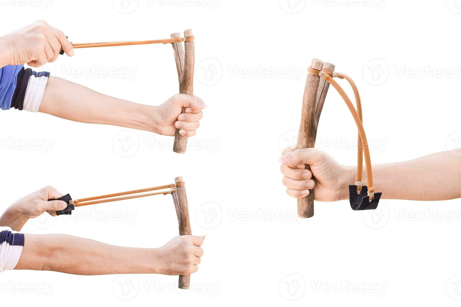 Set of hand holding aiming Slingshot, Isolated on white background with clipping path. photo