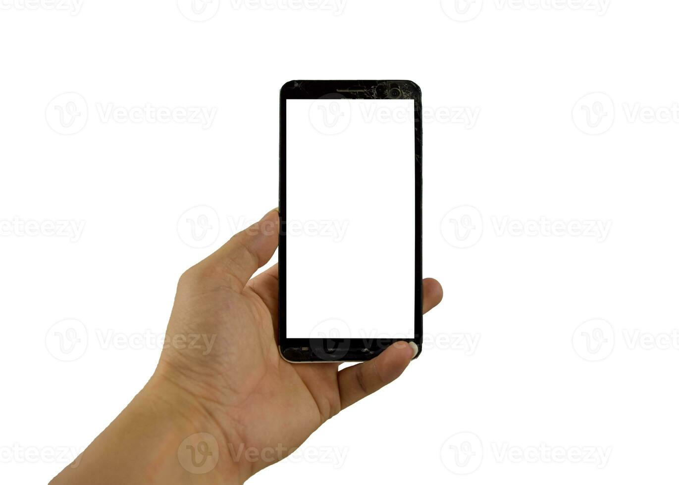 Man hand holding black phone with cracks, isolated on white clipping path inside photo