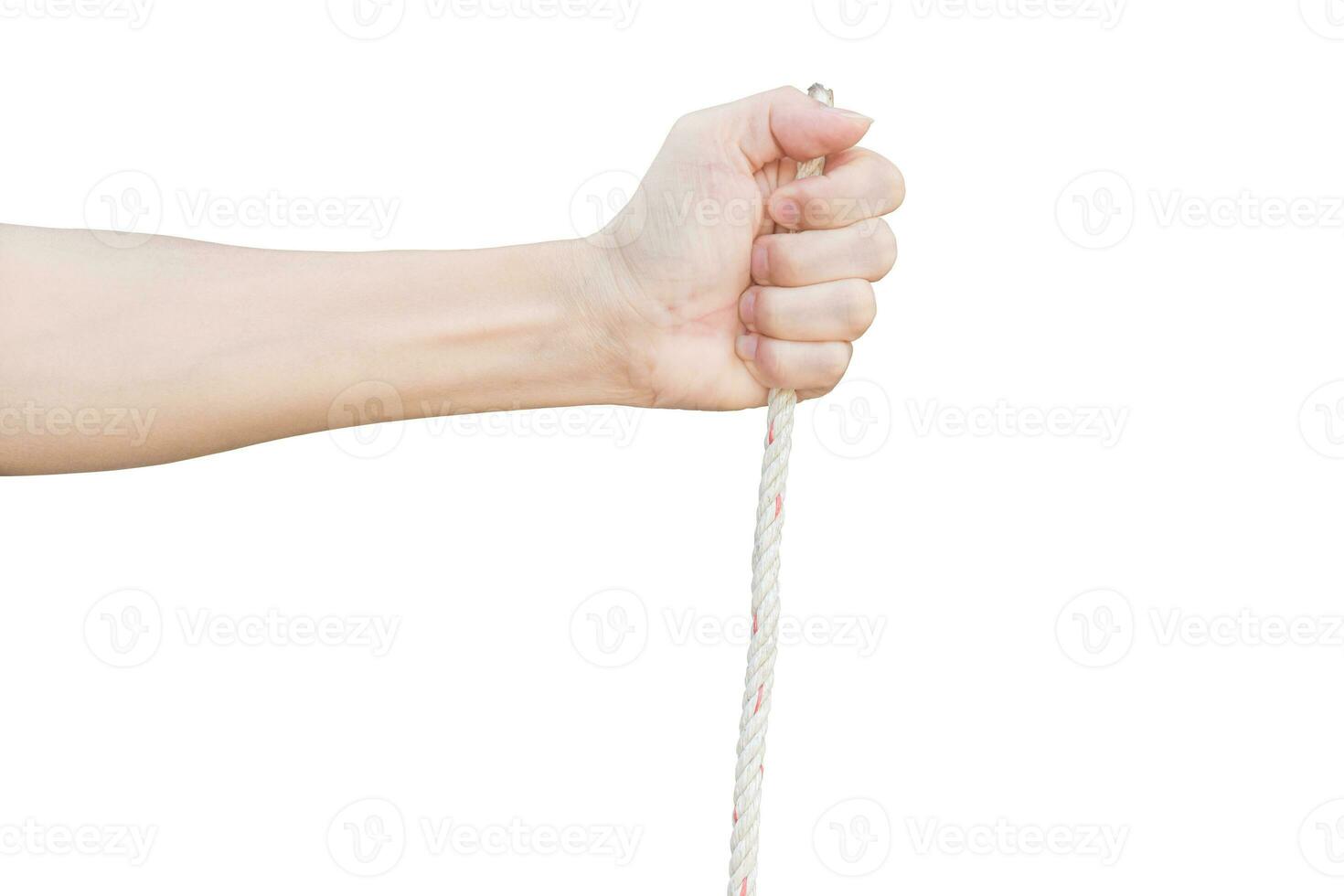 Man's hand holding rope isolated on a white background. with clipping path. photo