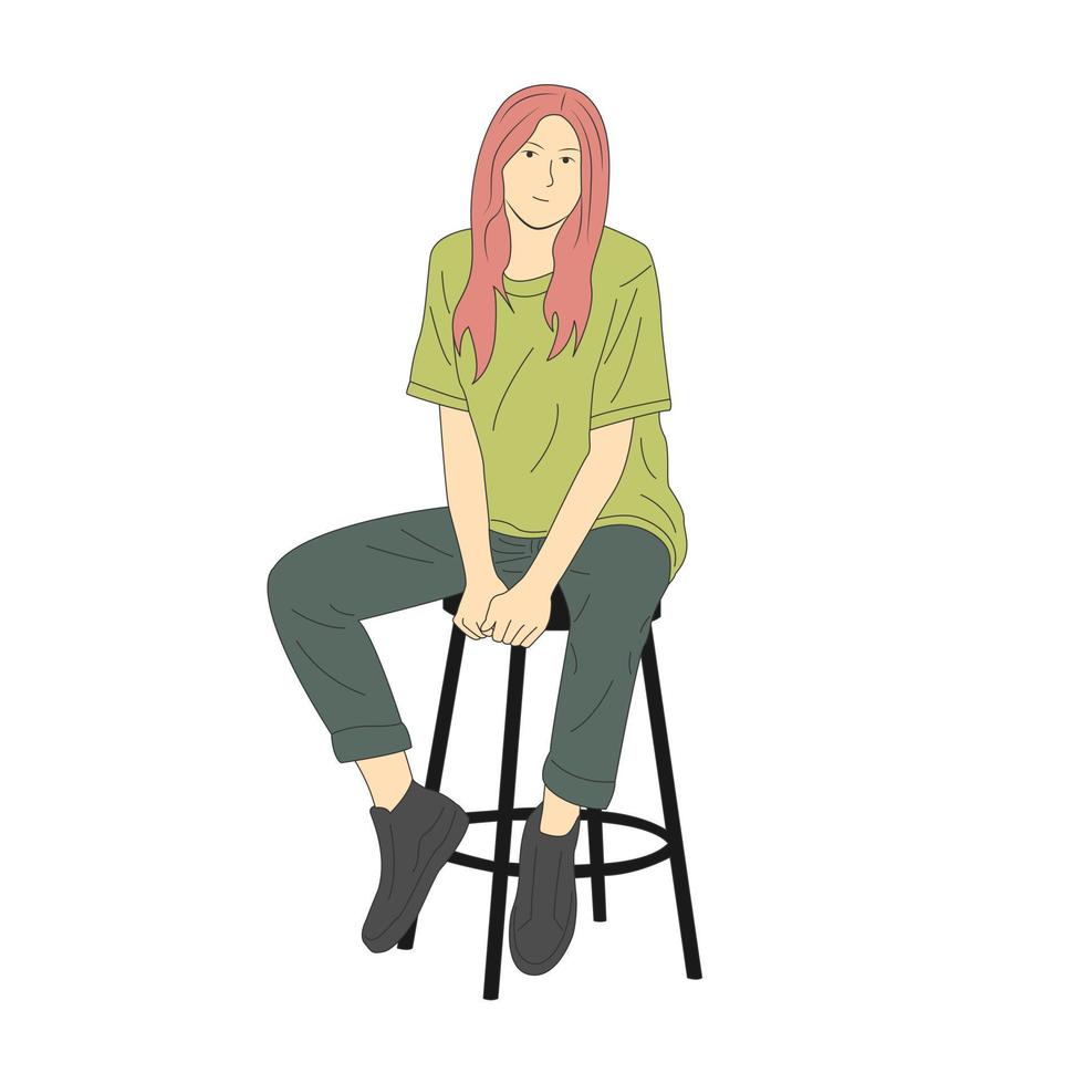 Female cartoon character sitting on a chair. minimal vector illustration