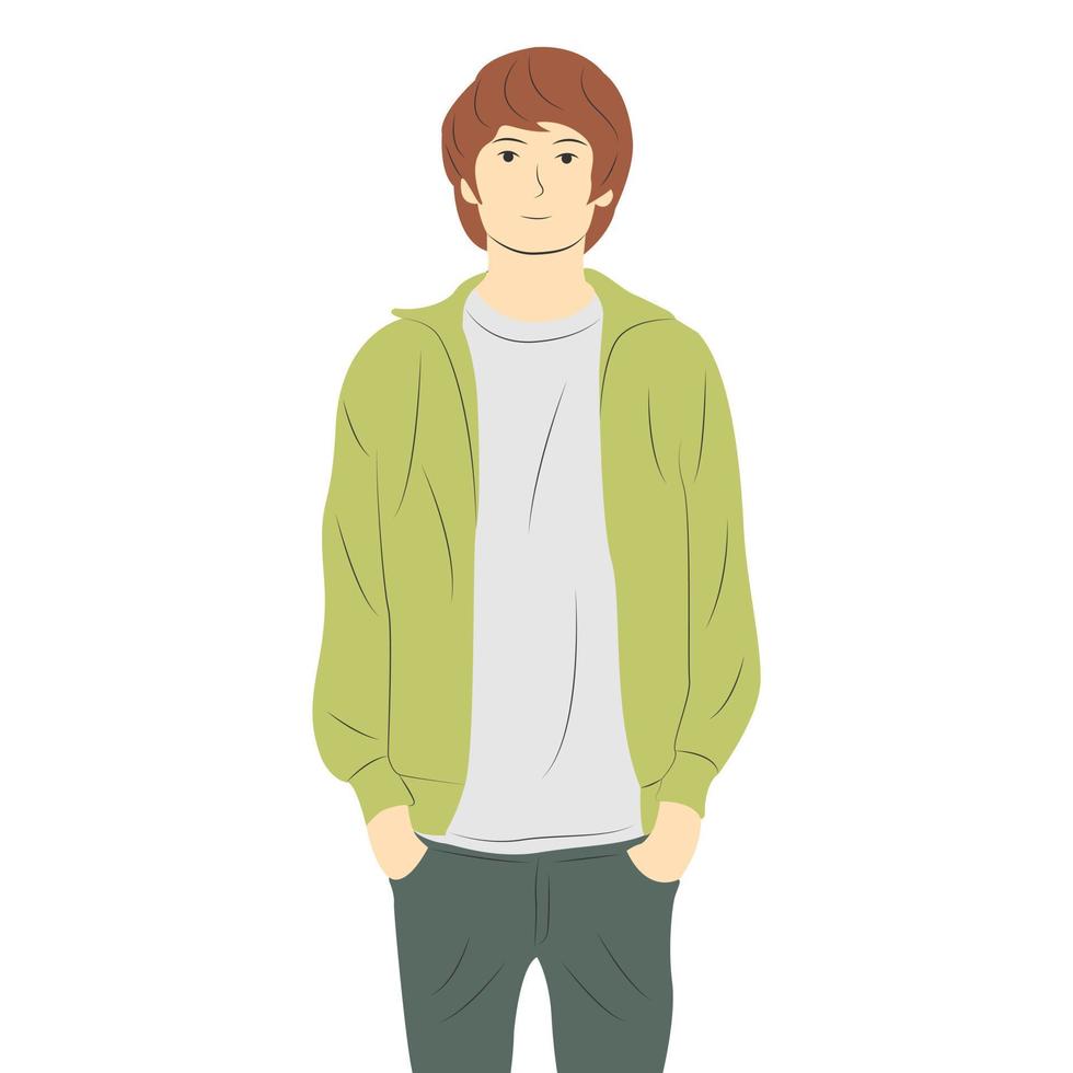 Cartoon male character wearing green jacket. minimal vector illustration