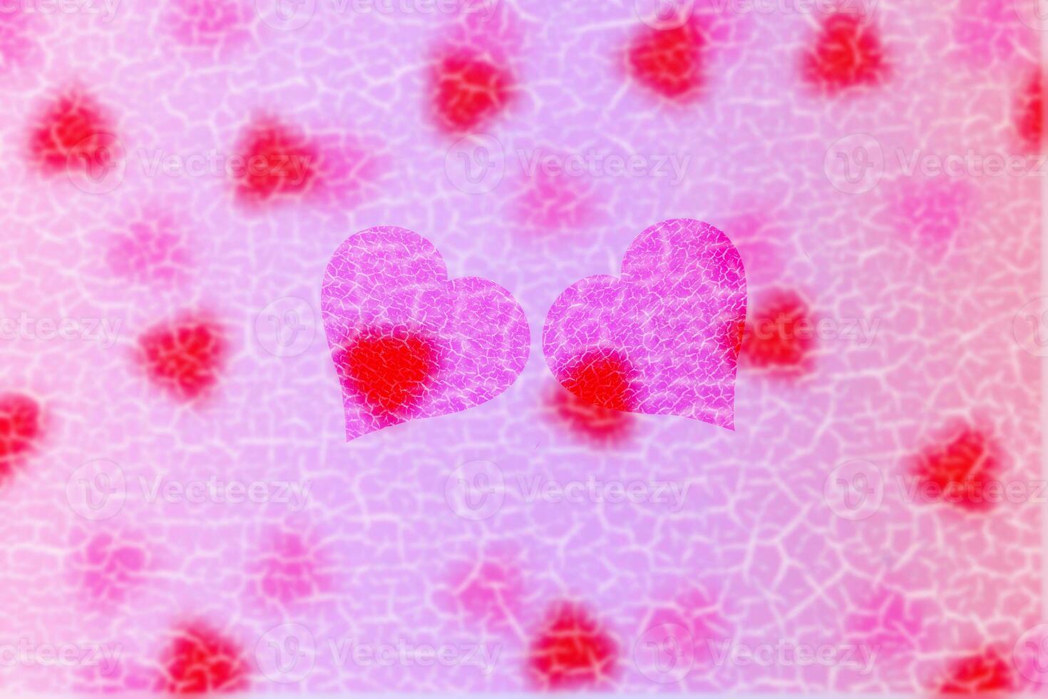 Broken valentines background with blur Hearts. Greeting Card. photo