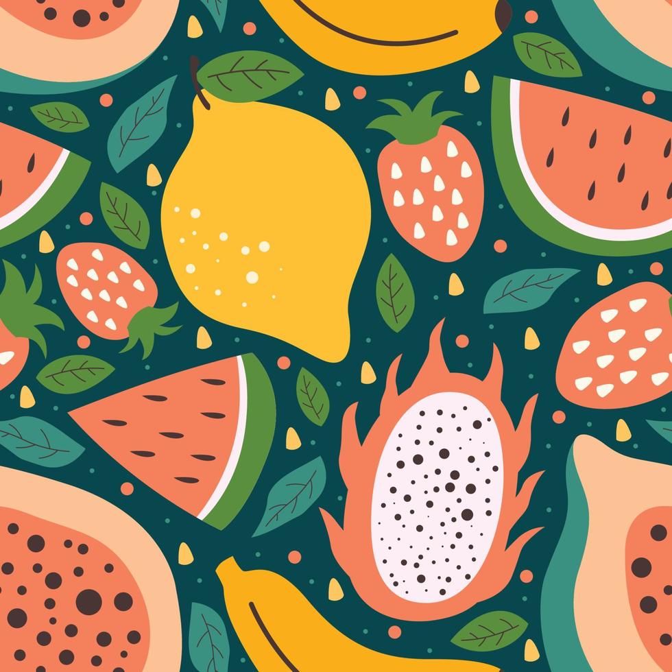 Tropical Fruits Cute Doodle Seamless Pattern Background vector