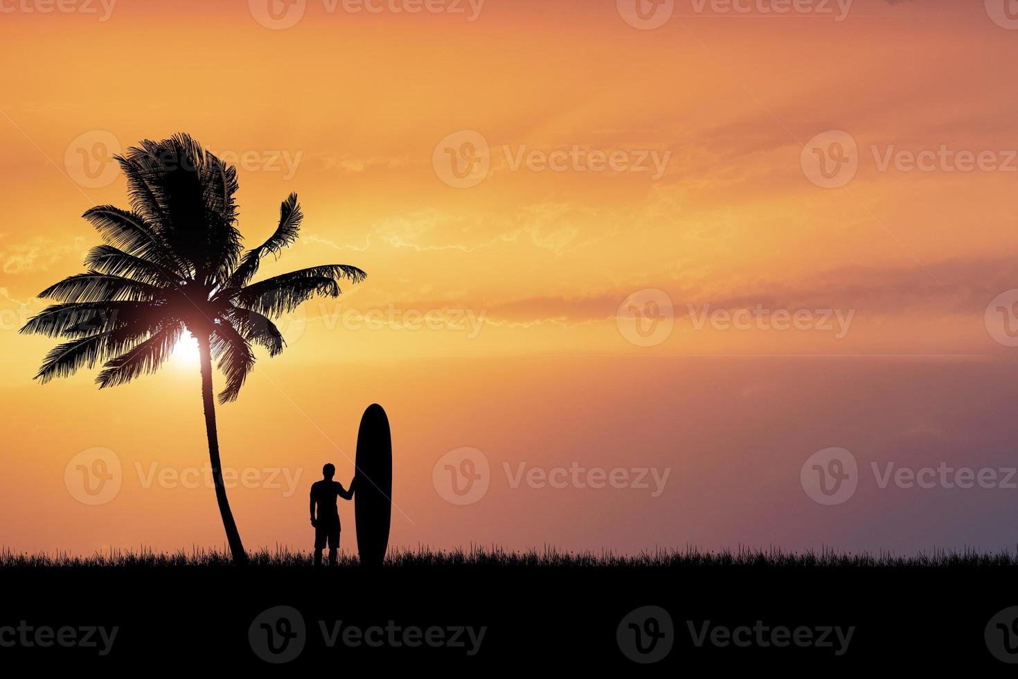 Silhouette Surfers hear at the beach with coconut palms in the morning. photo