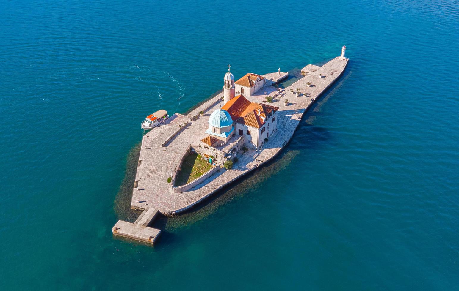 Perast, Montenegro 2022-Drone shot of Church of Our Lady of the Rocks photo