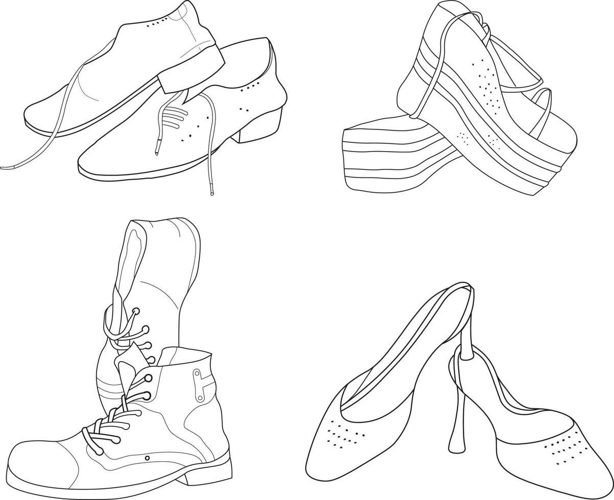 conjunto, de, mano, dibujo, zapatos, vector, ilustración vector