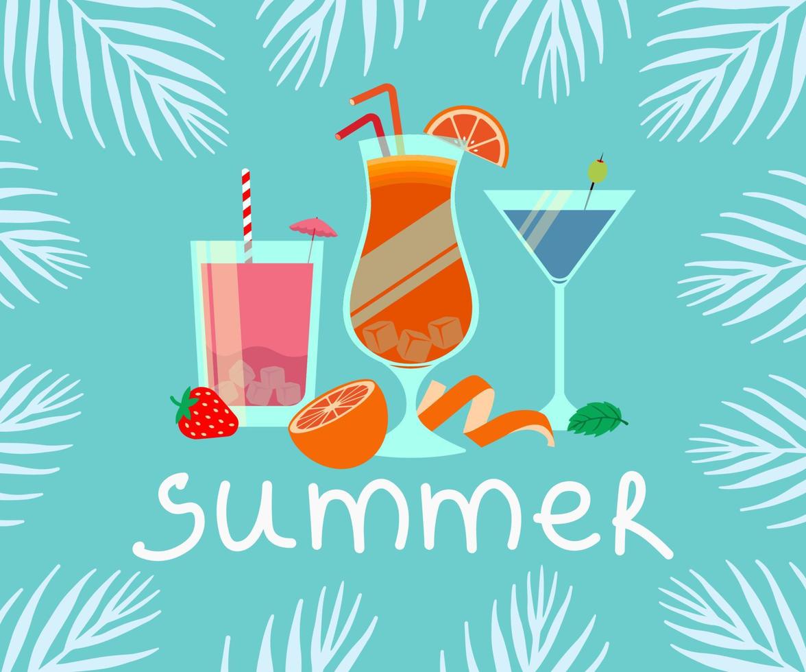 conjunto de cócteles de verano con ilustración de vector de letras de verano en estilo plano