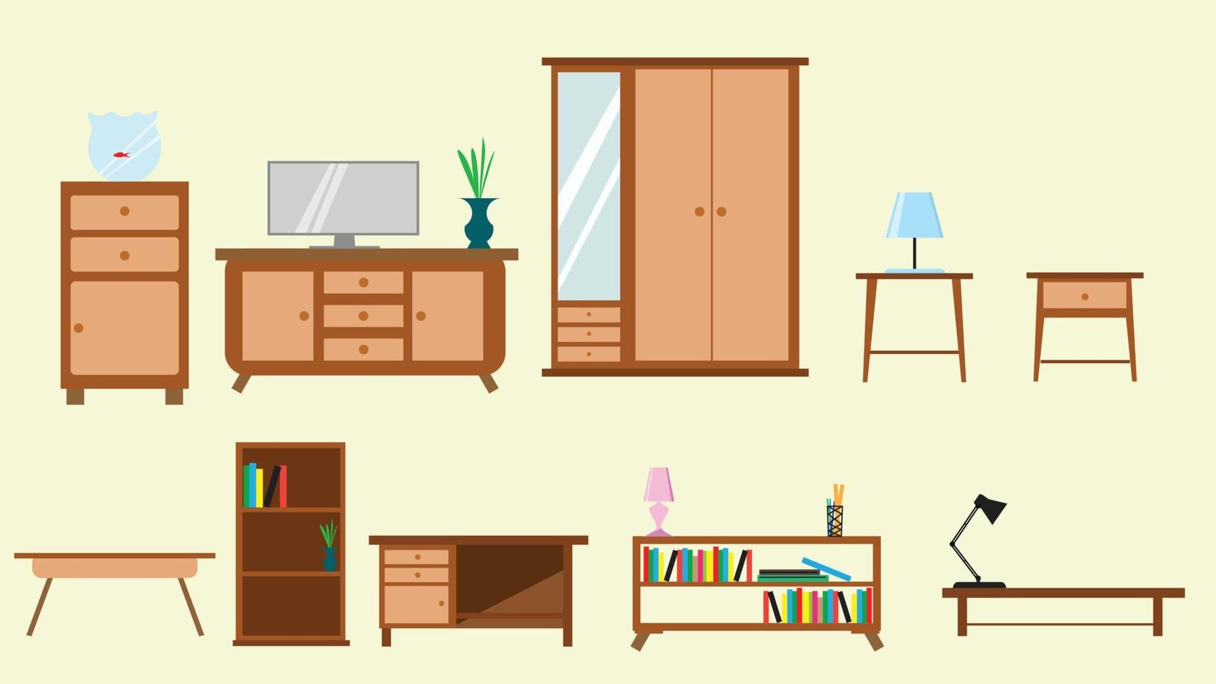 set of furniture table bookshelf vector