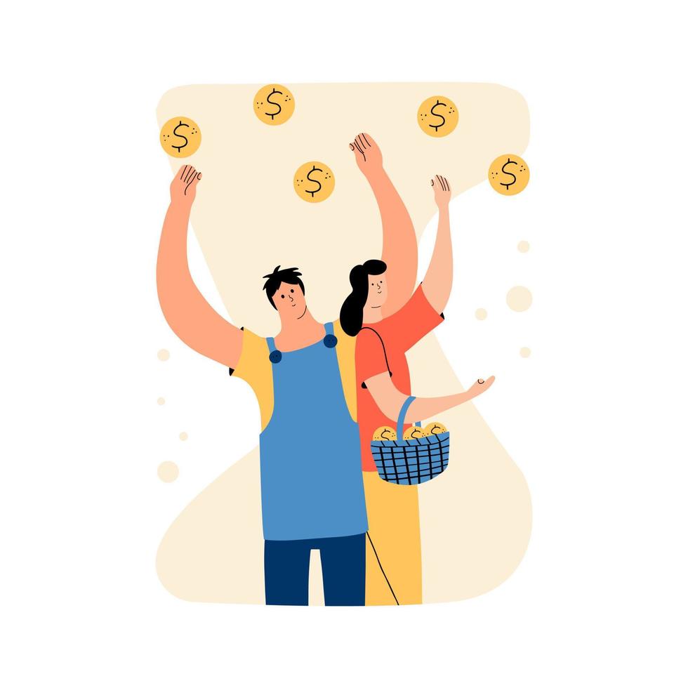 Passive income concept. Family budget. A man and a woman collect gold coins. Savings on capital. Vector illustration in flat style
