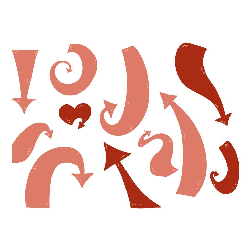 Set of different texture arrows in hand-drawing style. Vector illustration