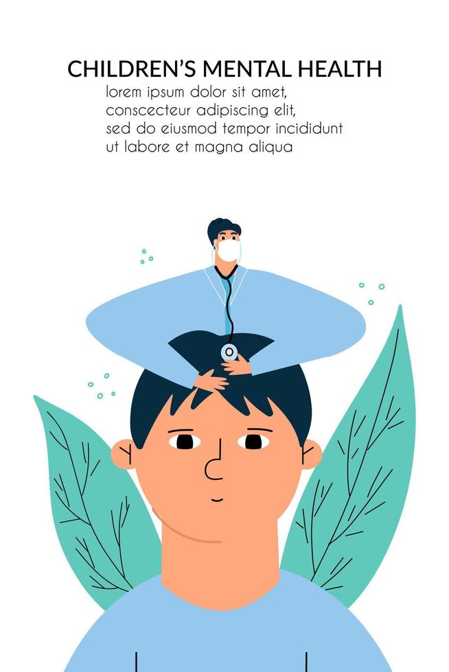 Doctor psychologist treats a little boy. The concept of helping the mental health of children. Vector illustration in a flat style.