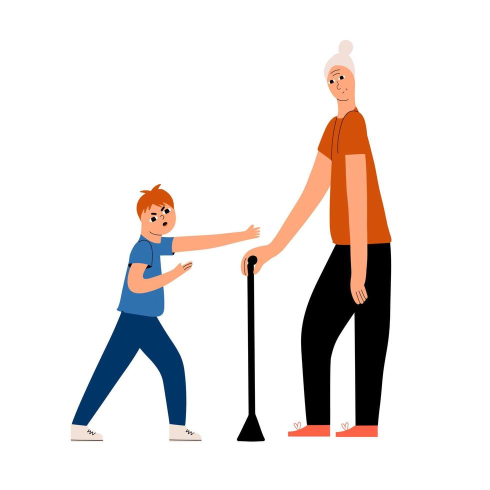 The child argues with the grandmother. Symptom Oppositional defiant disorder. The boy argues with a relative and behaves defiantly. Vector illustration in flat style