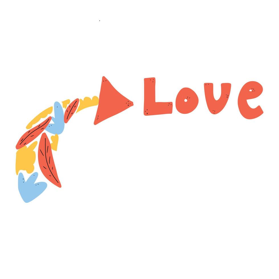 Art arrow with abstract leaves and flowers and lettering the word love. Romantic element. Vector hand drawing illustration