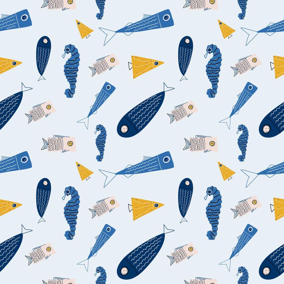 Seamless children's pattern with different sea fish. Vector illustration