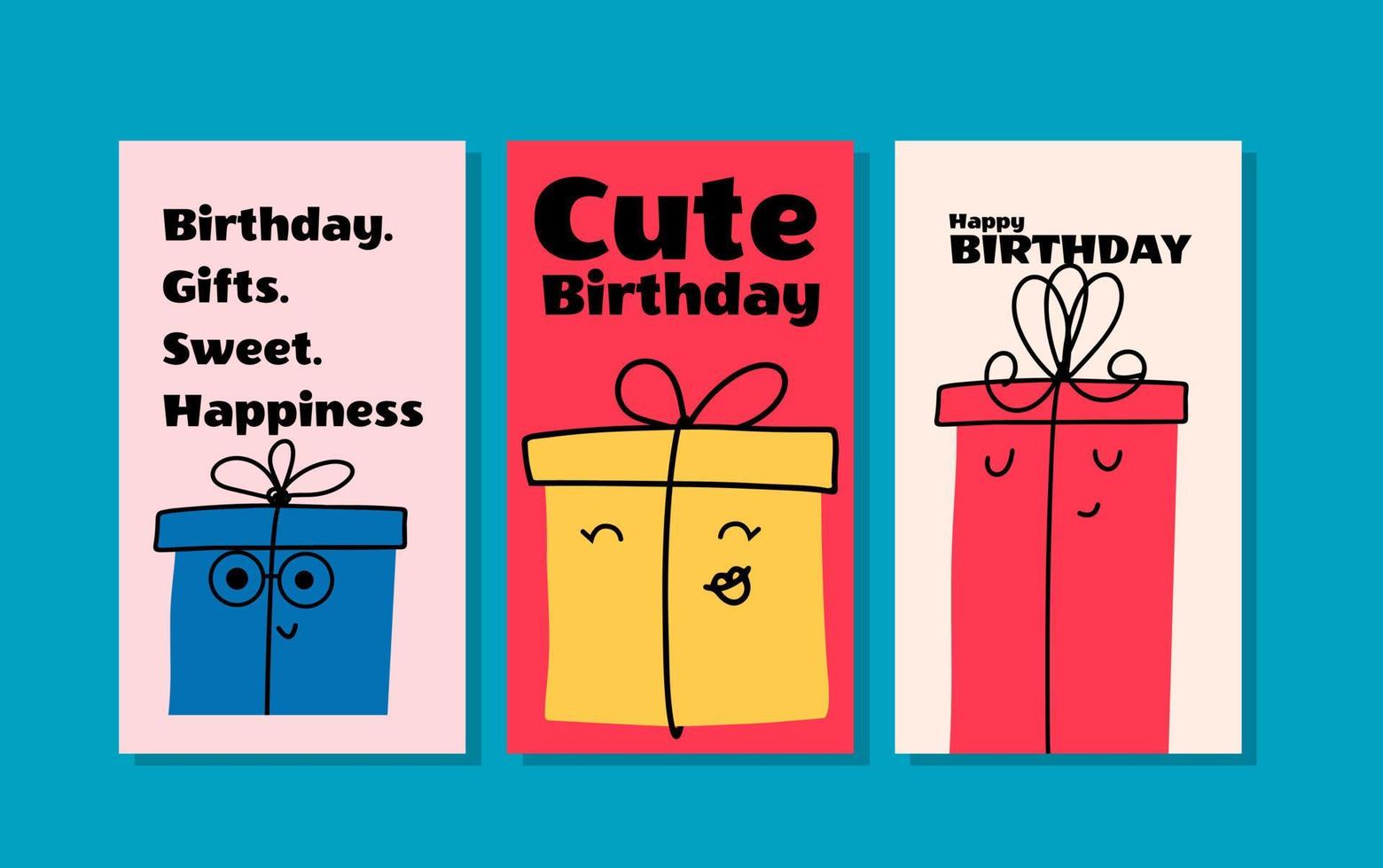 Flat design set of birthday cards with cute holiday boxes. Vector illustration