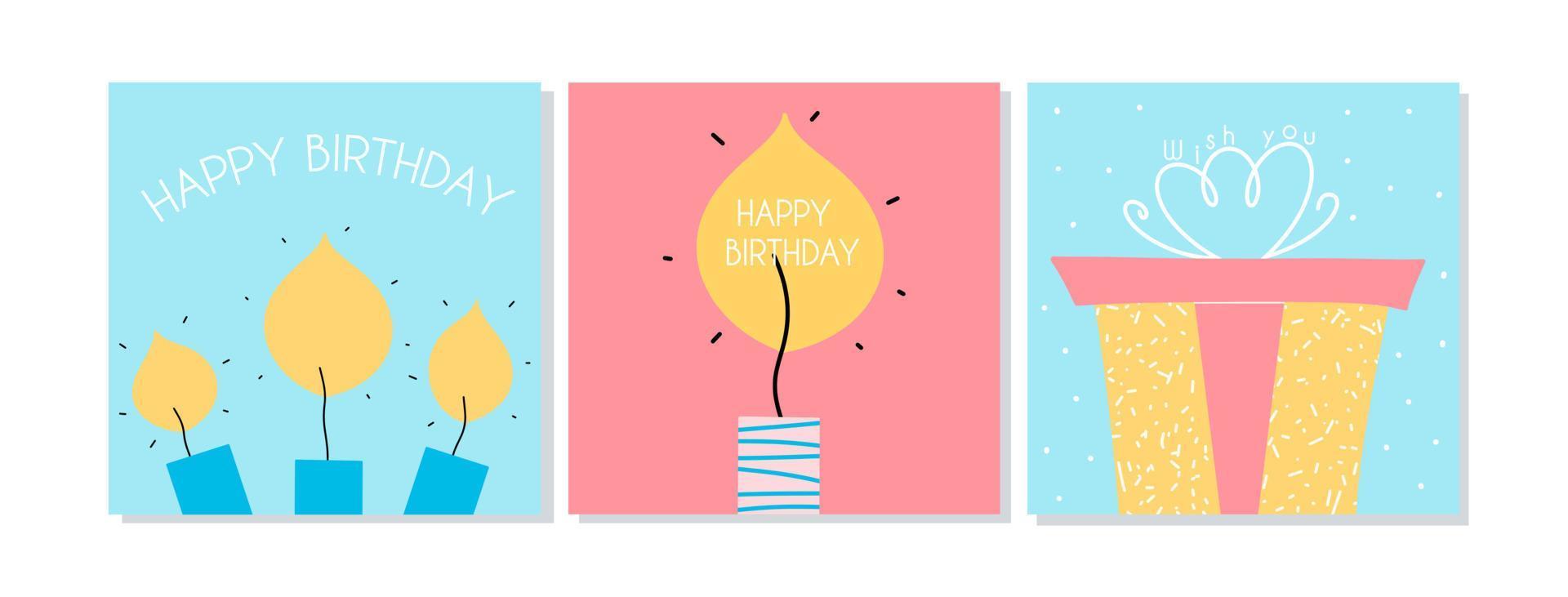 Flat design birthday cards with candles and holiday box. Vector illustration