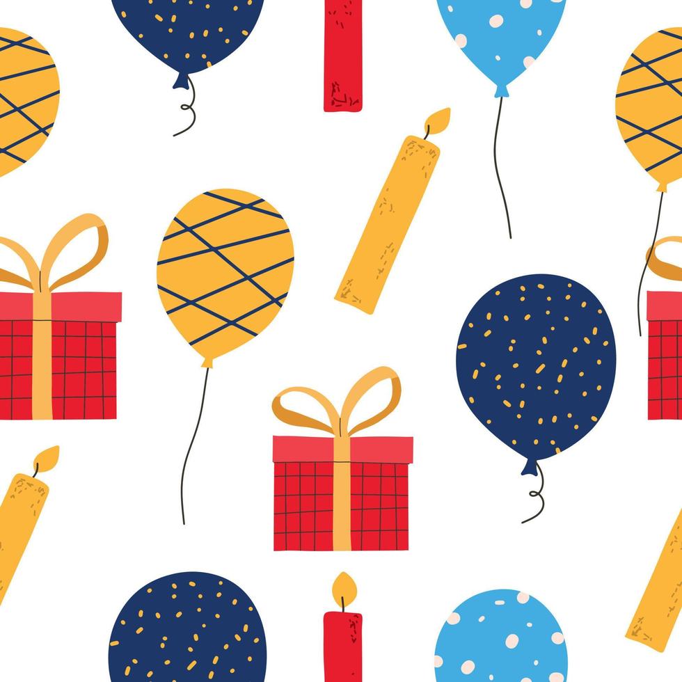 Seamless holiday pattern with balloons and gifts. Vector illustration