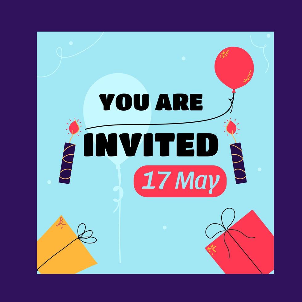 Flat design birthday invitation. Vector illustration, postcard.