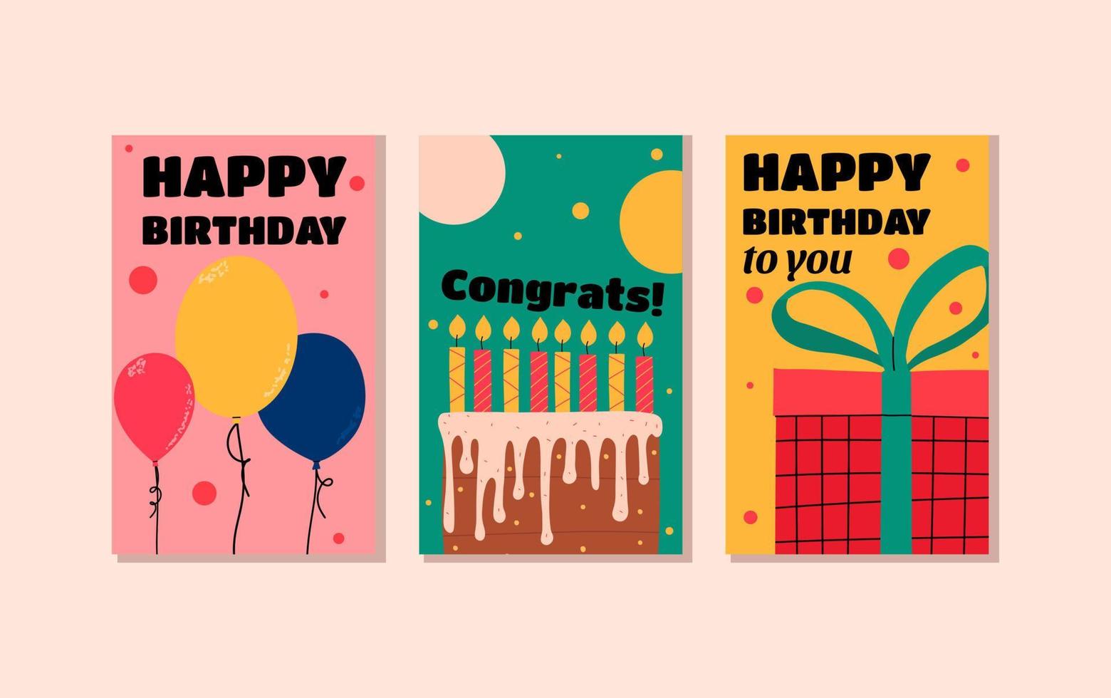 Flat stylish birthday card design. Set of greeting templates with balloons, cake and gift. Vector illustration