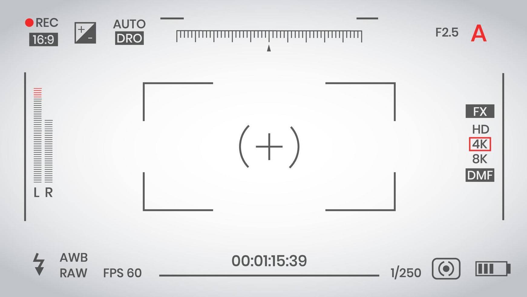 Ilustración de vector de diseño de estilo plano de grabadora de marco de foto o video de visor de cámara. visor de cámara digital con ajustes de exposición y plantilla de cuadrícula de enfoque.