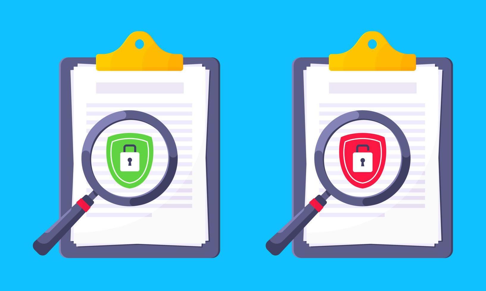 Shield with padlock on it security protection symbol in the magnifier circle glass set. vector