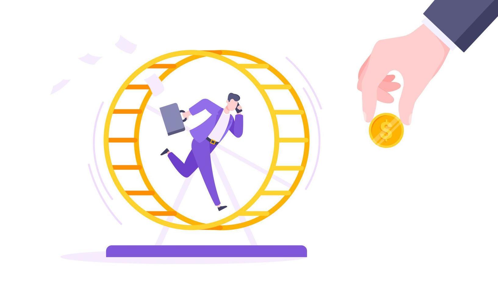 Rat race business concept with businessman running in hamster wheel working hard and always busy vector