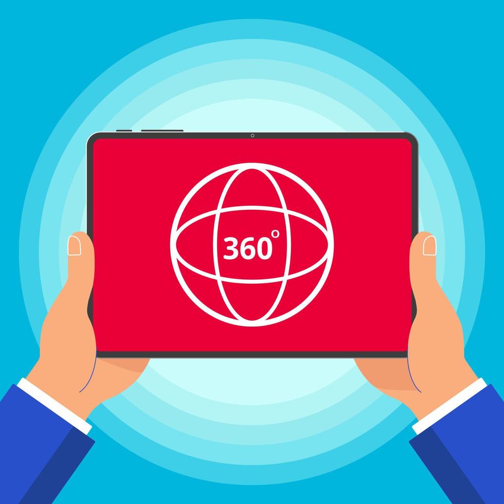 Hands holding tablet device with 360 degrees angle icon sign on the screen outline flat design style vector illustration isolated on blue background. Symbol of 360 degrees VR videos, photo and games.