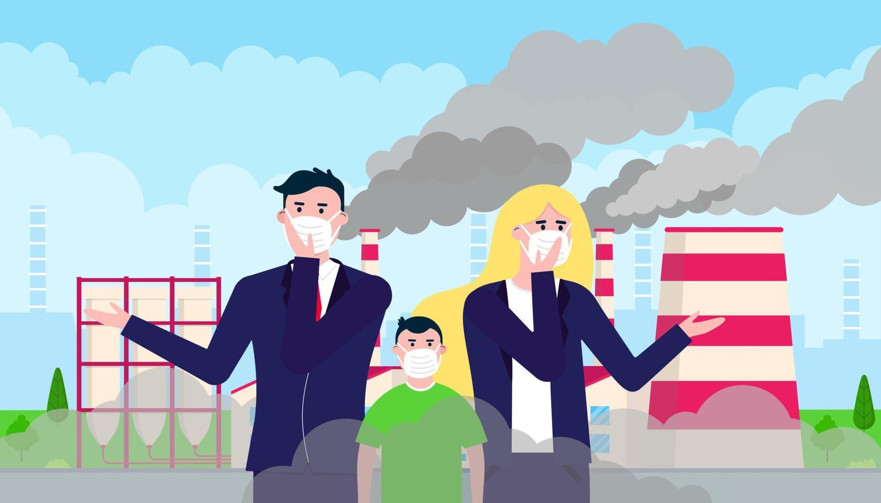 hombre, mujer, niño confundido máscaras contra el smog. polvo fino, contaminación del aire, ilustración de vector de diseño de estilo plano de concepto de protección de smog industrial. Tuberías de plantas industriales con enormes nubes de humo detrás