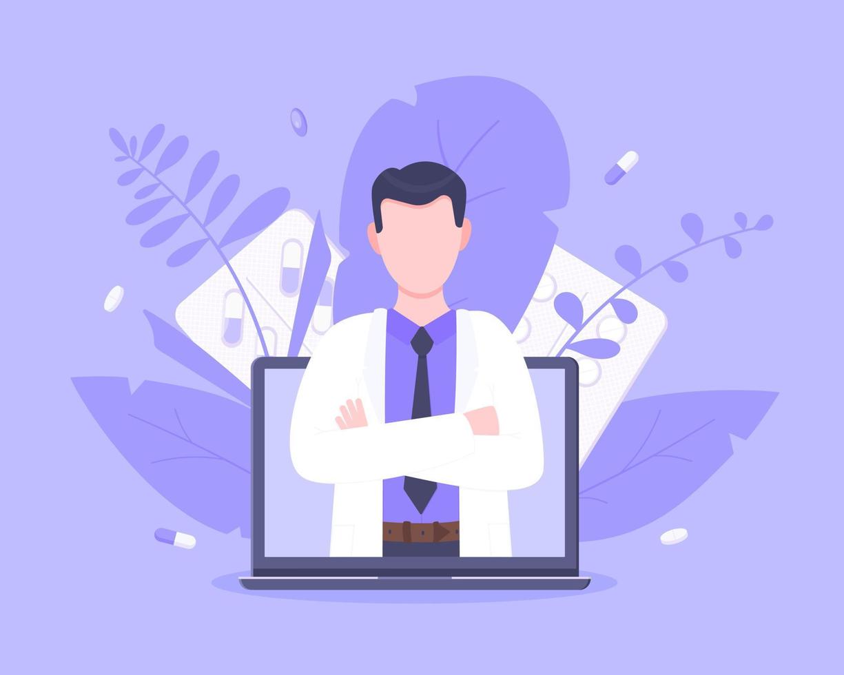 Online doctor medical service concept with doctor in the laptop vector illustration.