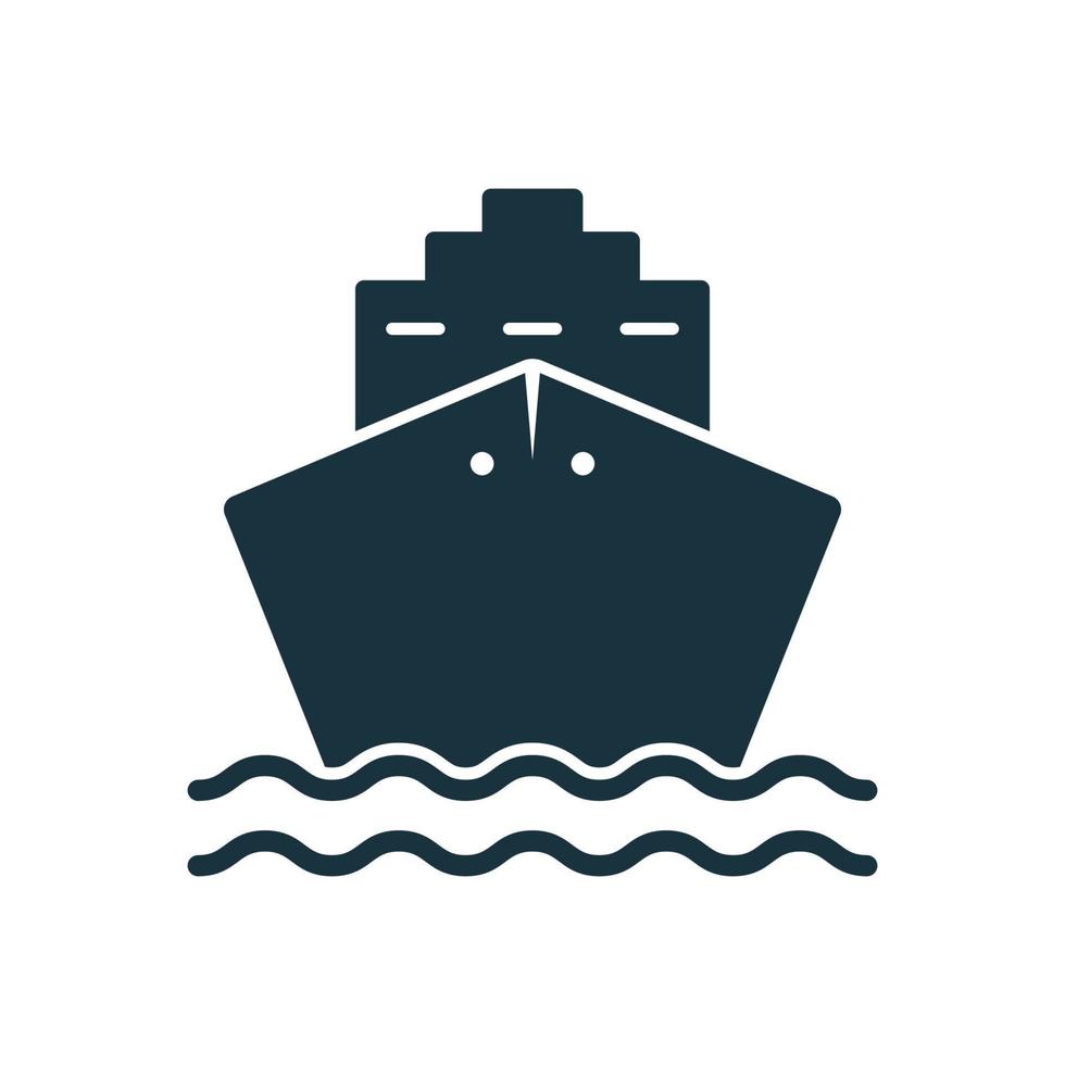 Black Cruise Ship Silhouette Icon. Cargo Boat Pictogram. Ocean Vessel Icon in Front View. Marine Sign for Freight, Distribution, Passenger Travel. Sea Transport Symbol. Isolated Vector Illustration.