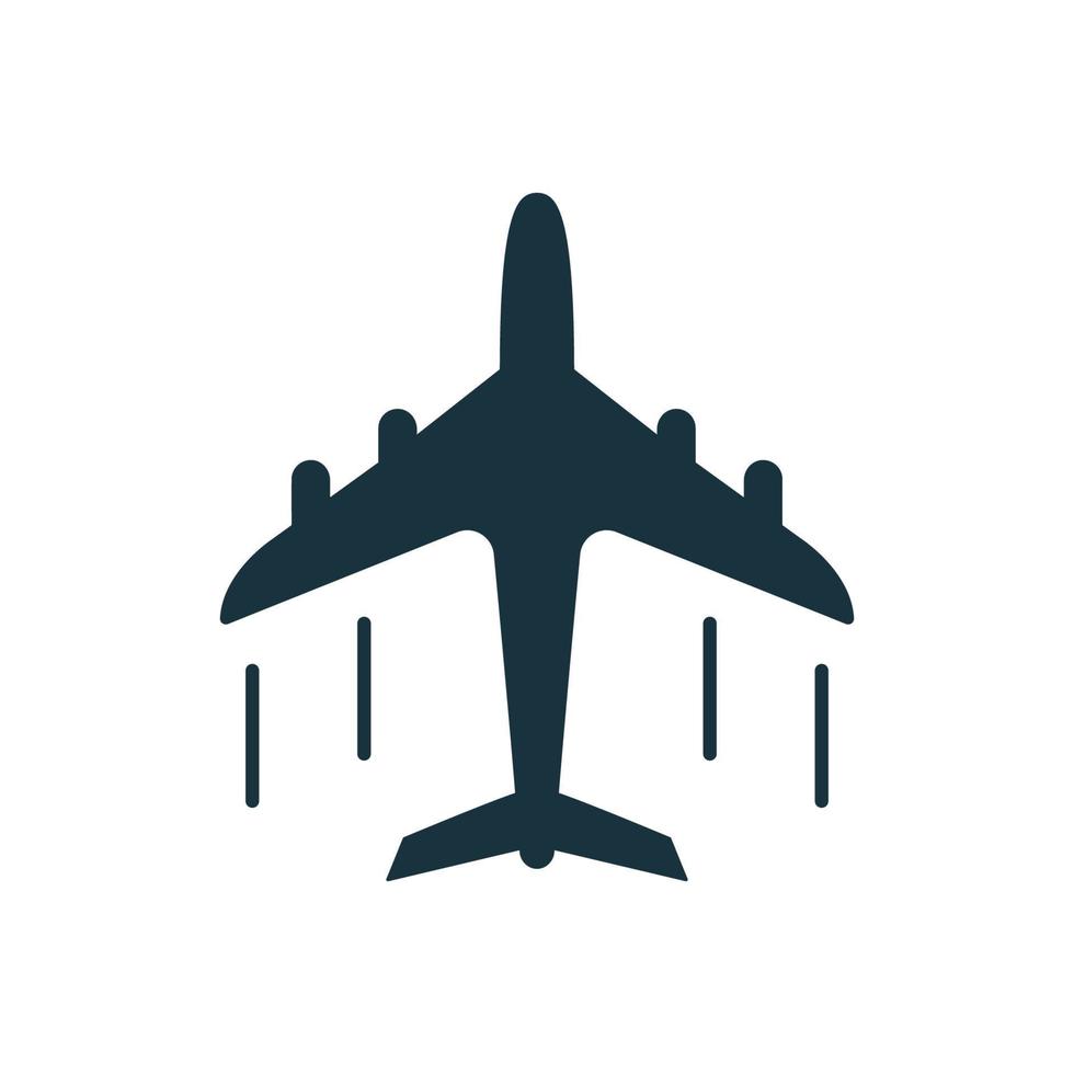 Black Fly Airplane Silhouette Icon. Aviation Travel Glyph Pictogram. Aircraft Simple Icon on White Background. Jet Air Plane Symbol. Cargo Black Airline Sign. Isolated Vector Illustration.