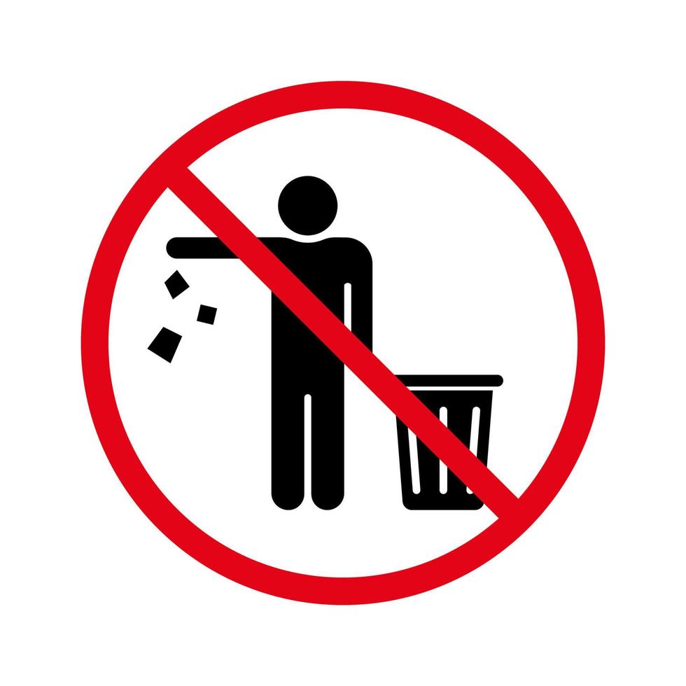 icono de silueta de basura de caída prohibida. no tire el pictograma de glifo de basura. advertencia, deje caer la basura en la etiqueta de la papelera. Precaución por favor manténgalo limpio, no desperdicie. ilustración vectorial aislada. vector