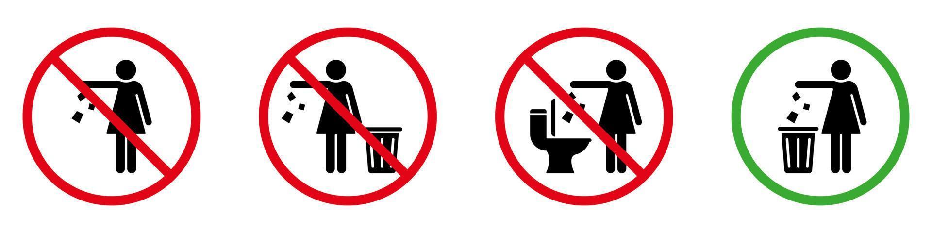 Woman Please Throw Litter in Bin, No Toilet Pictogram Silhouette Icon. Allowed Throw Napkin, Paper, Pads, Towel in Waste Bin Pictogram. No Flush Litter in Toilet Sign. Isolated Vector Illustration.