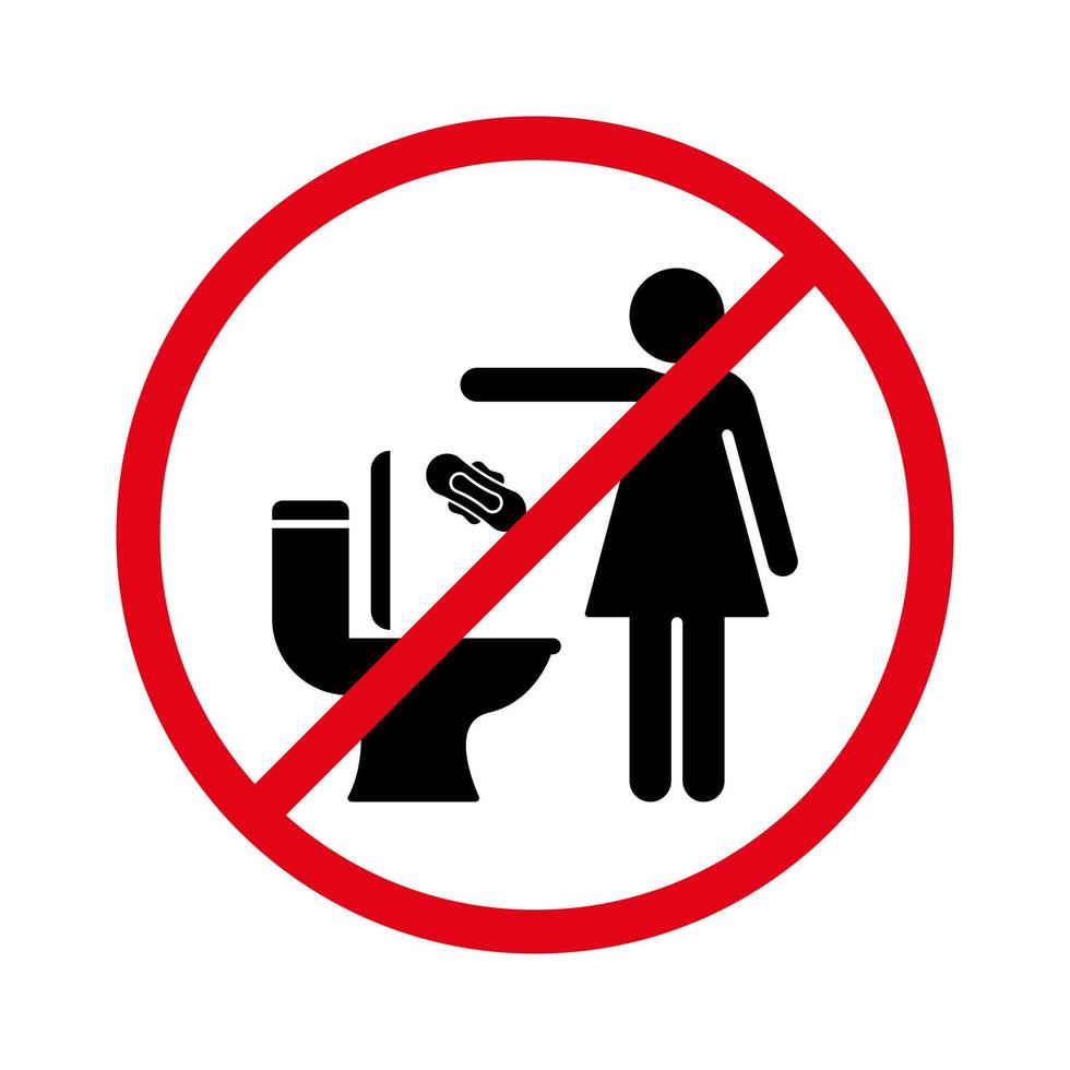 por favor, no tirar basura en el icono de la silueta del inodoro. la mujer no tira servilletas, papel, almohadillas, toallas en el pictograma del glifo de la basura del baño. no arroje el icono de productos sanitarios. ilustración vectorial aislada. vector