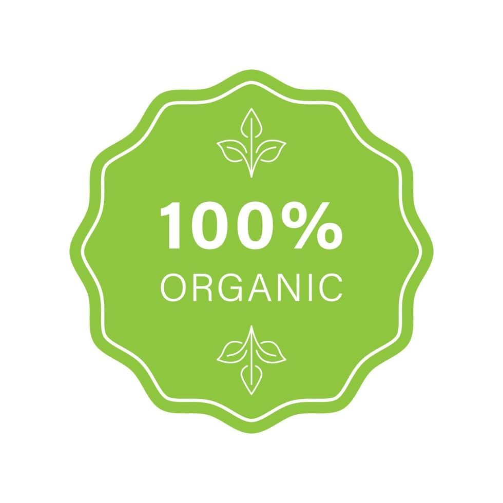 100 Percent Organic Green Icon. Bio Healthy Eco Food Stiker. Natural Product Stamp. Ecology Product Vegan Food Sign. Organic Leaf Eco Sign. Isolated Vector Illustration.