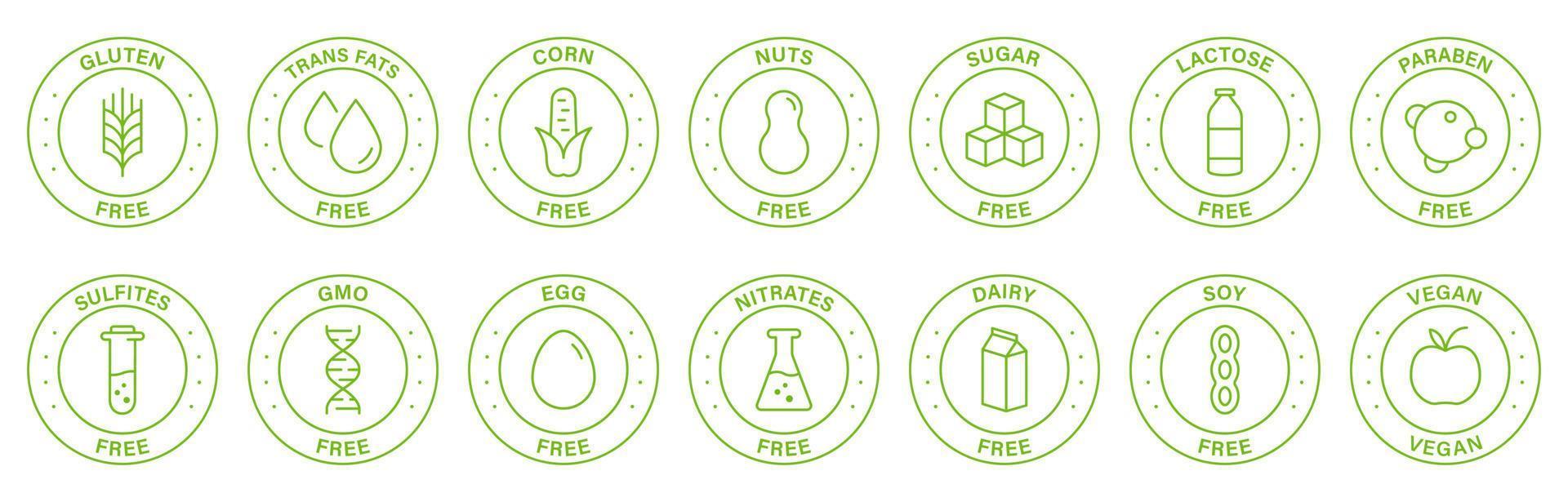 Free Gluten, Soy, Lactose, Dairy, Transfat, Egg, Paraben, Nut, Nitrates, Corn and Sugar Line Green Stamp. Allergy Ingredients Label Set. Diet Vegan Food Outline Symbol. Isolated Vector Illustration.