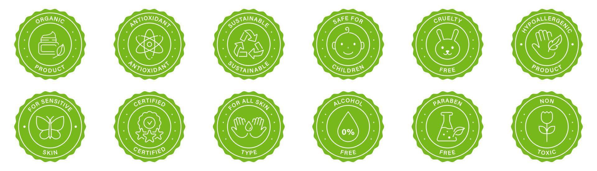 Nature Organic Eco Friendly Cosmetic Ingredient Green Label Set. Bio Makeup Cosmetic Product Stamp. Cruelty Free, Natural Skincare Sticker. Herbal Certificate Sign. Isolated Vector Illustration.