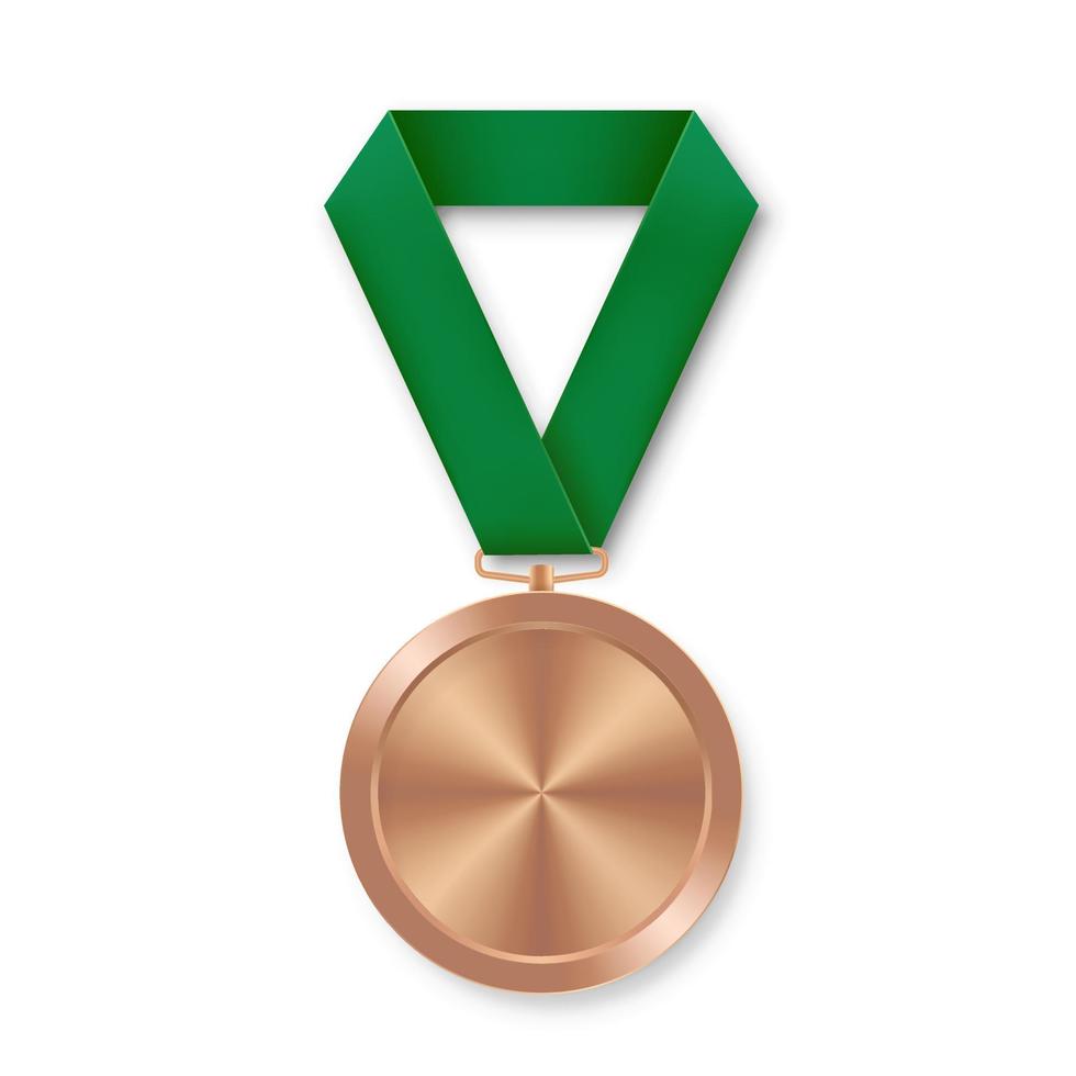 Medalla deportiva de bronce para ganadores con cinta verde. vector