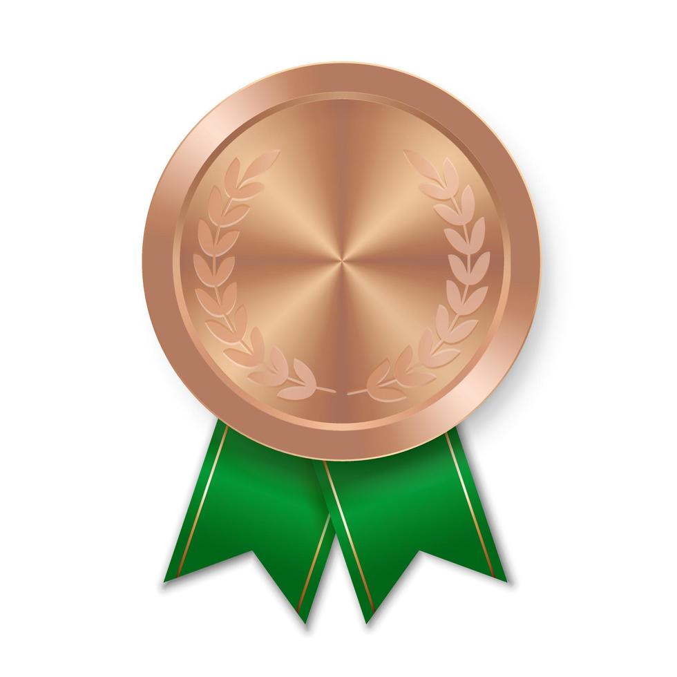 Bronze award sport medal for winners with green ribbon vector