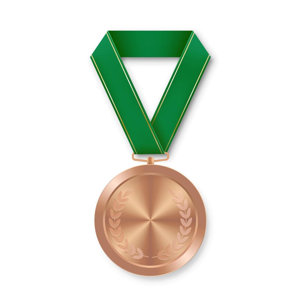 Bronze award sport medal for winners with green ribbon vector