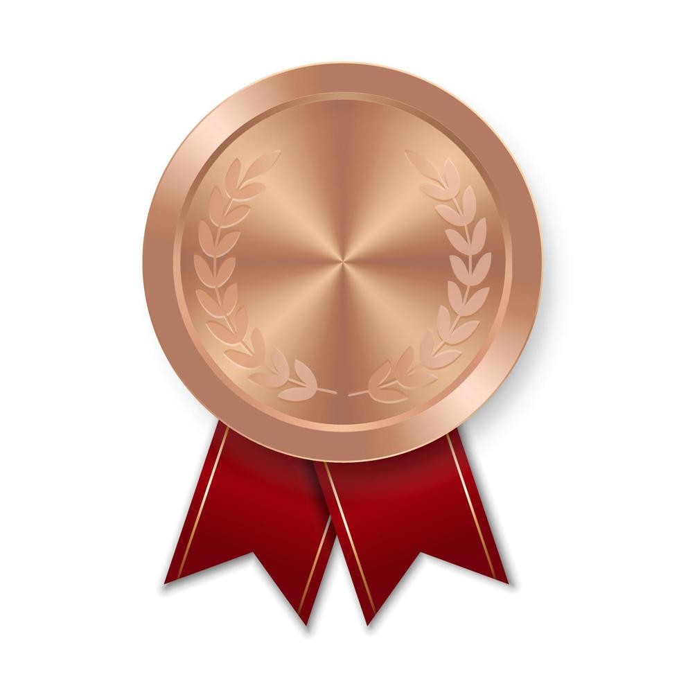 Medalla deportiva de bronce para ganadores con cinta roja. vector