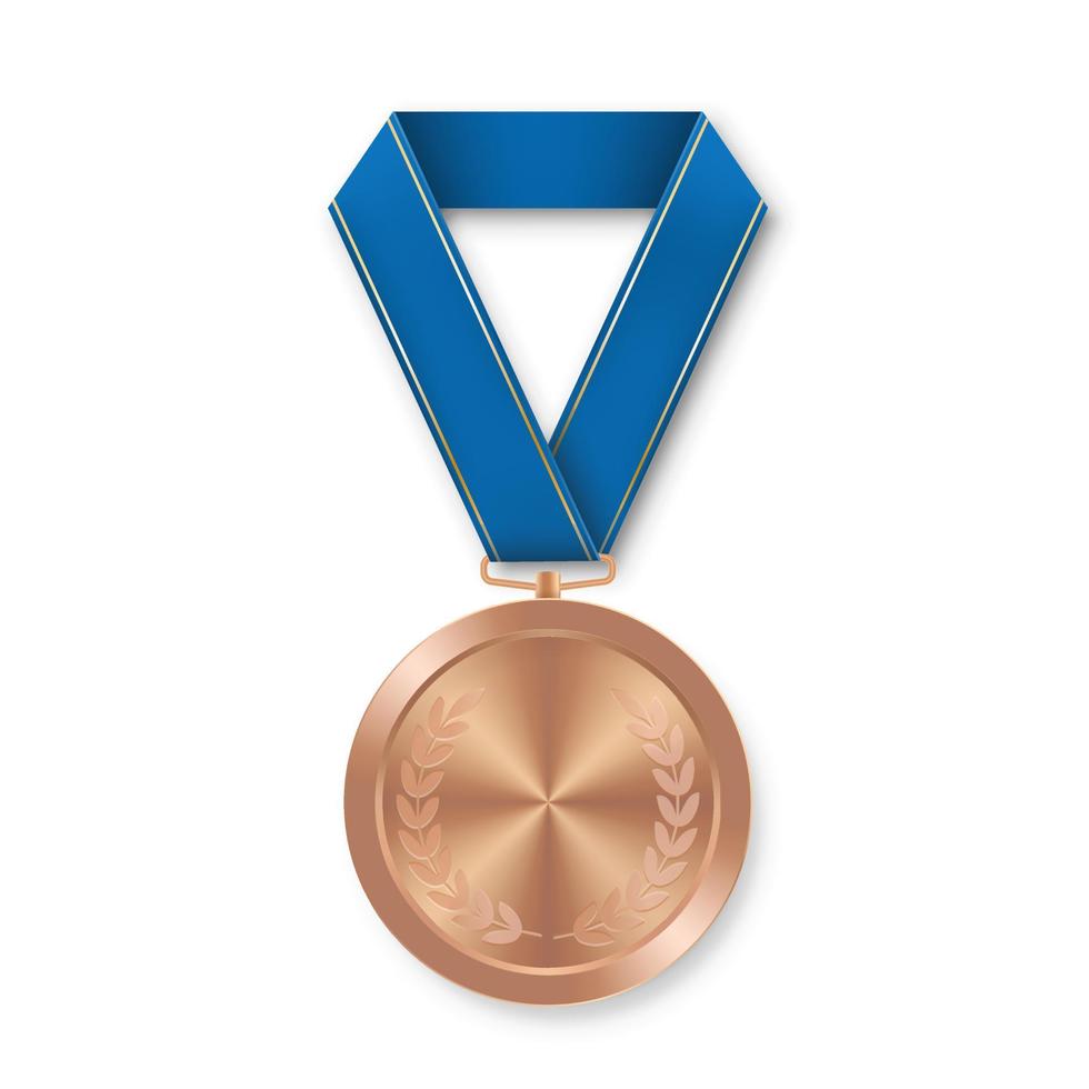 Medalla deportiva de bronce para ganadores con cinta azul. vector