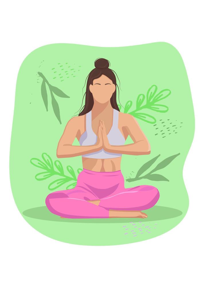 a girl in the lotus position greenery around vector