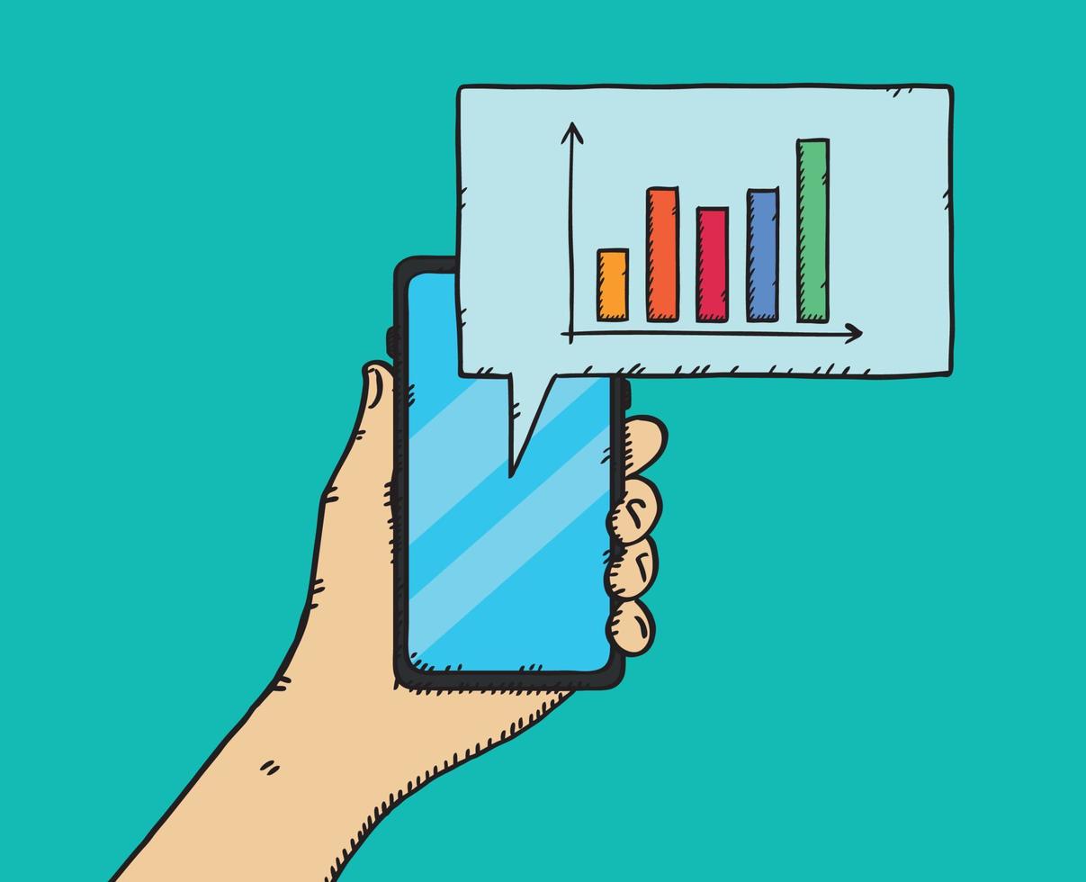 Doodle illustration of hand holding smartphone with data chart showing on screen vector