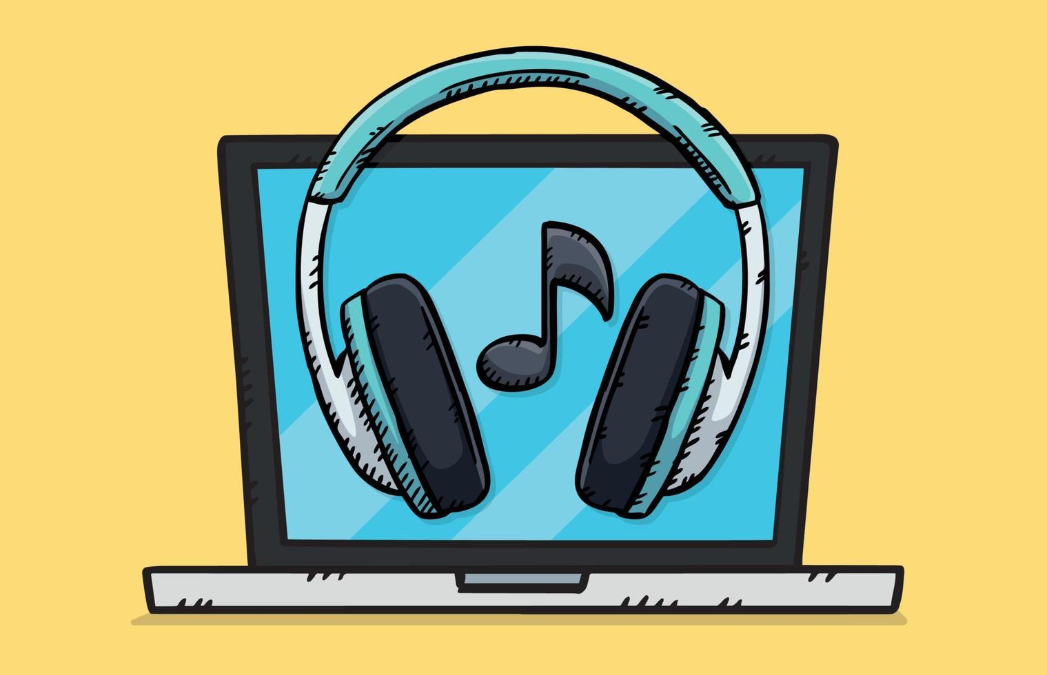 Vector illustration of a laptop with headphones and note icon on screen. Sketch style illustration.