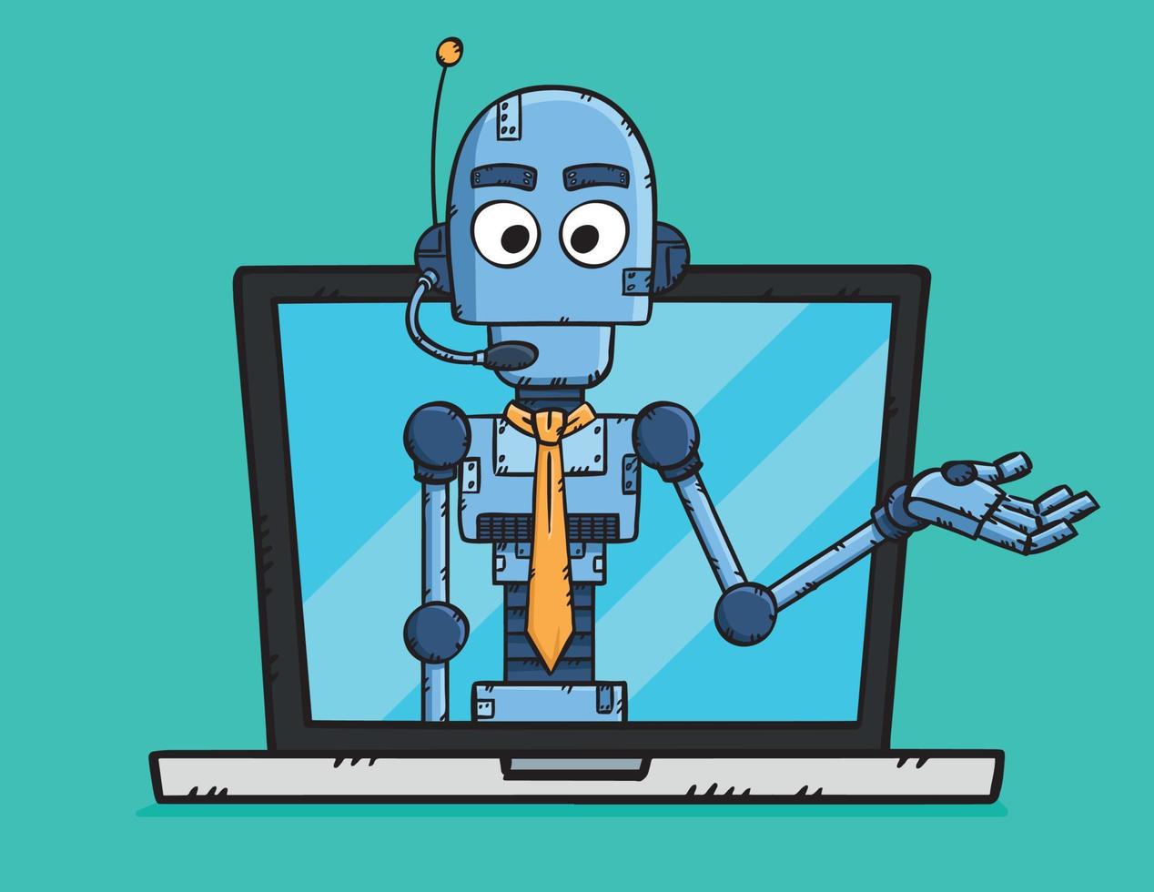 Hand drawn vector of customer support AI chat bot showing on laptop screen.