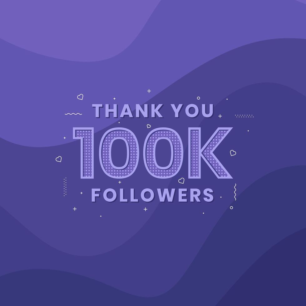 gracias 100k seguidores, plantilla de tarjeta de felicitación para redes sociales. vector